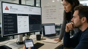 Business team reviewing website downtime alerts on a monitor showing server overload, DNS errors, SSL issues, and a 503 service unavailable message